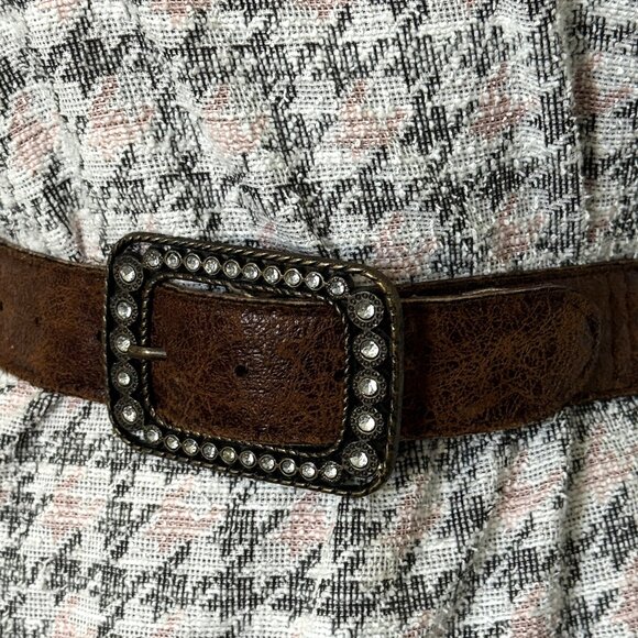 Accessories - Women's Brown Belt Vintage Handmade Western Style Leather Metal Crystal Buckle M